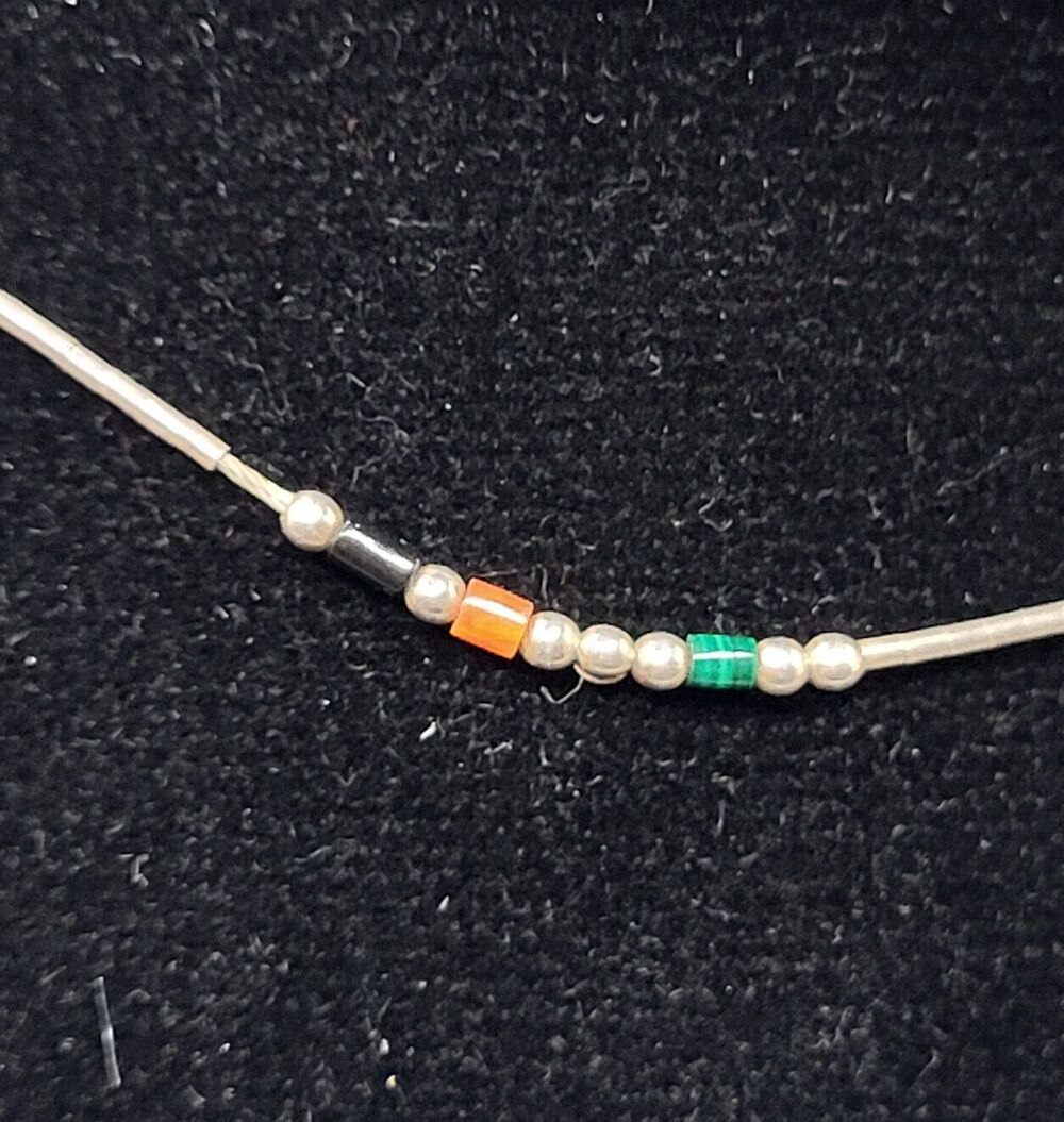 Native American Sterling Silver Onyx Coral Malachite Choker Collar Necklace 16in